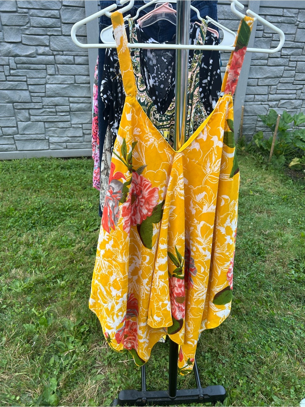 Unique Spectrum Yellow Floral Asymmetrical Sundress with Pink Blooms